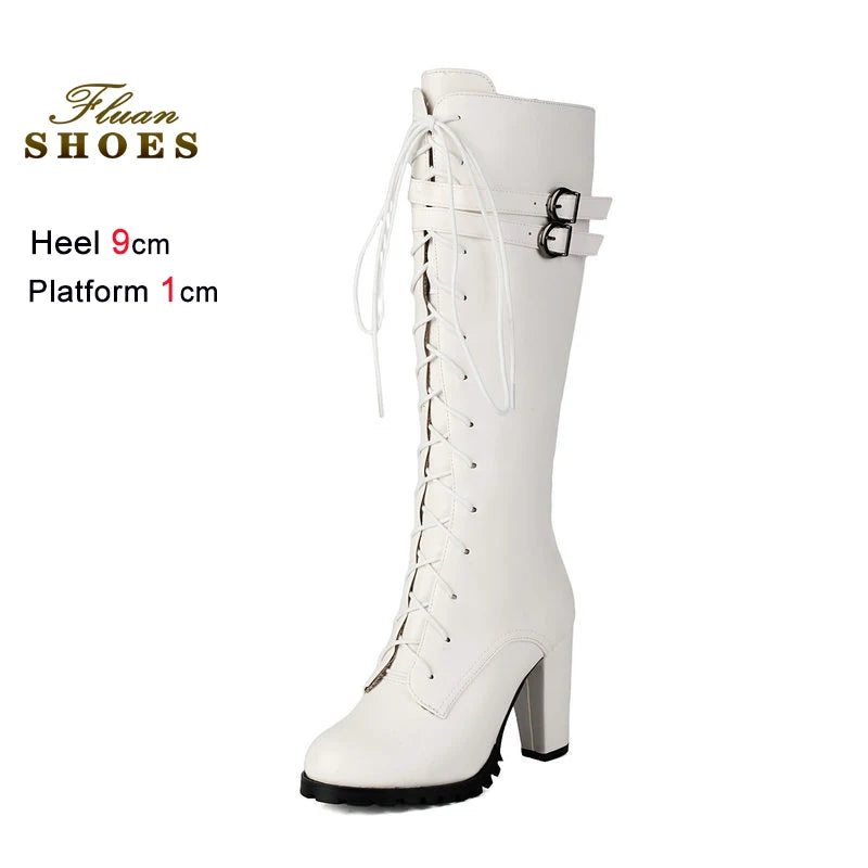 2025 Knight Boots Autumn Winter Women Shoes Tall Boots Round Toe Platform Coarse Heel Knee Length Boots Lace Up Lady Long Boots