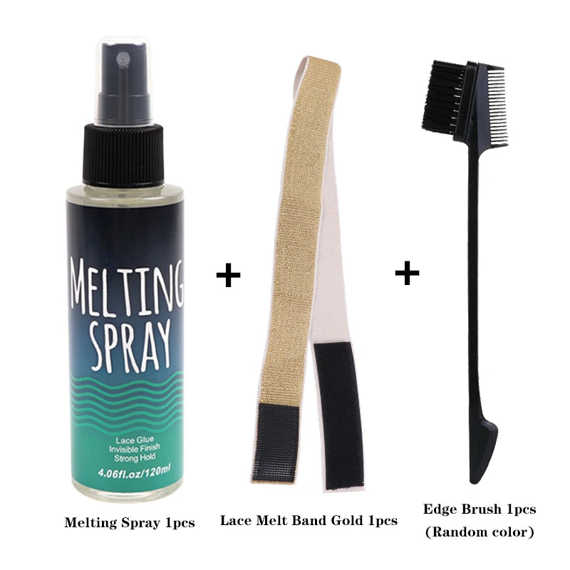 Wig Installation Kit Set Include 1Pcs 3In1 Hair Brush 1Pcs 120Ml Melting Spray For Lace Wigs 1Pcs Golden Shiny Elastic Headband