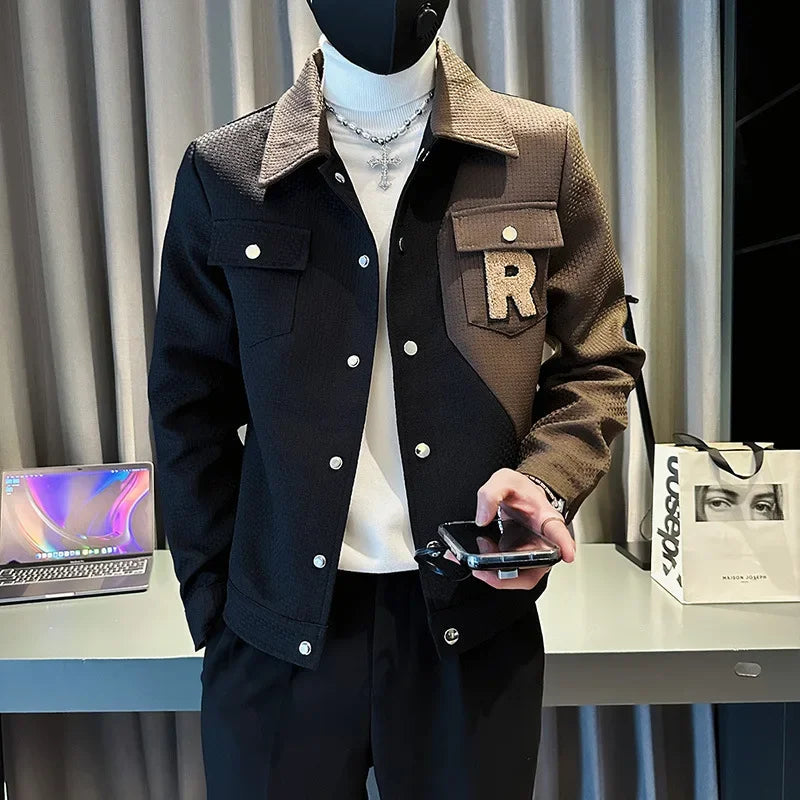 2024 New Spring and Autumn Color Contrast Trendy Slim Fit Coat for Men's Fashion Flip Collar Casual Jacket