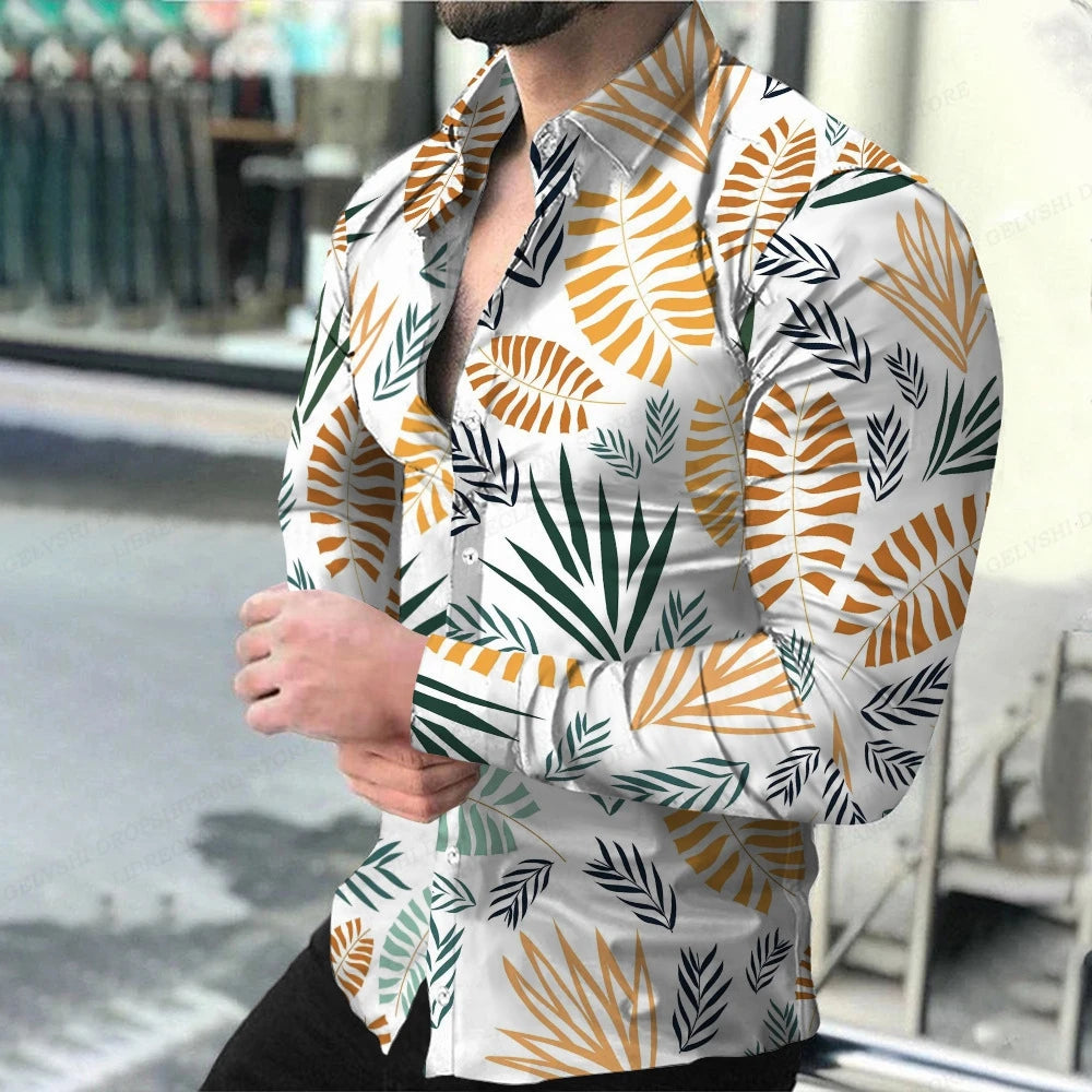 Leopard Hawaii Shirts Men Fashion Shirt Long Sleeve Blouse Lapel Beach Blouse Men Clothing Turn Over Collar Vocation Camisa Teen