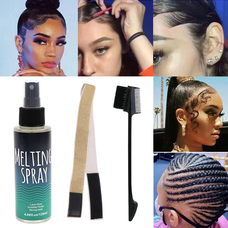 Wig Installation Kit Set Include 1Pcs 3In1 Hair Brush 1Pcs 120Ml Melting Spray For Lace Wigs 1Pcs Golden Shiny Elastic Headband
