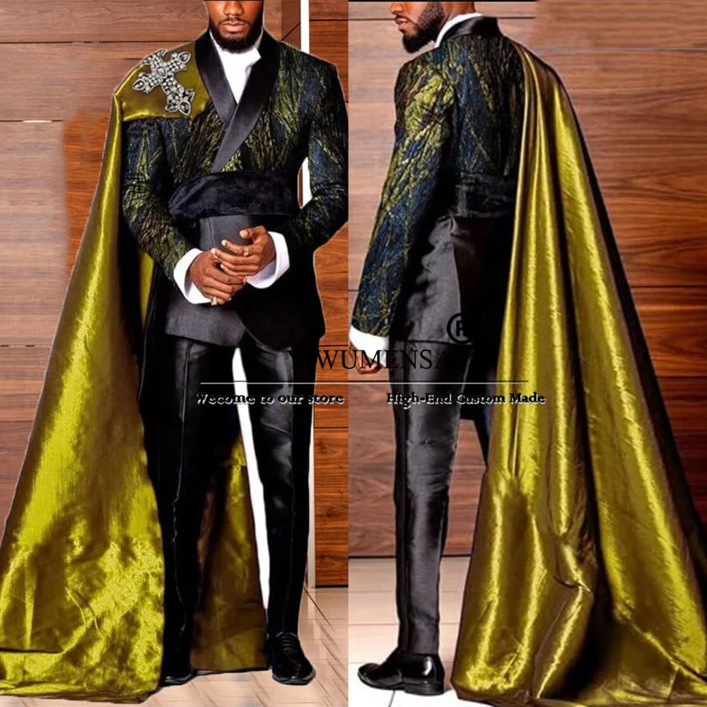 Elegance Suits Men Floral Prom Blazer With Cape Long Customized 2-Piece Set Man Formal Occasion Party Dress Groom Wedding Tuxedo