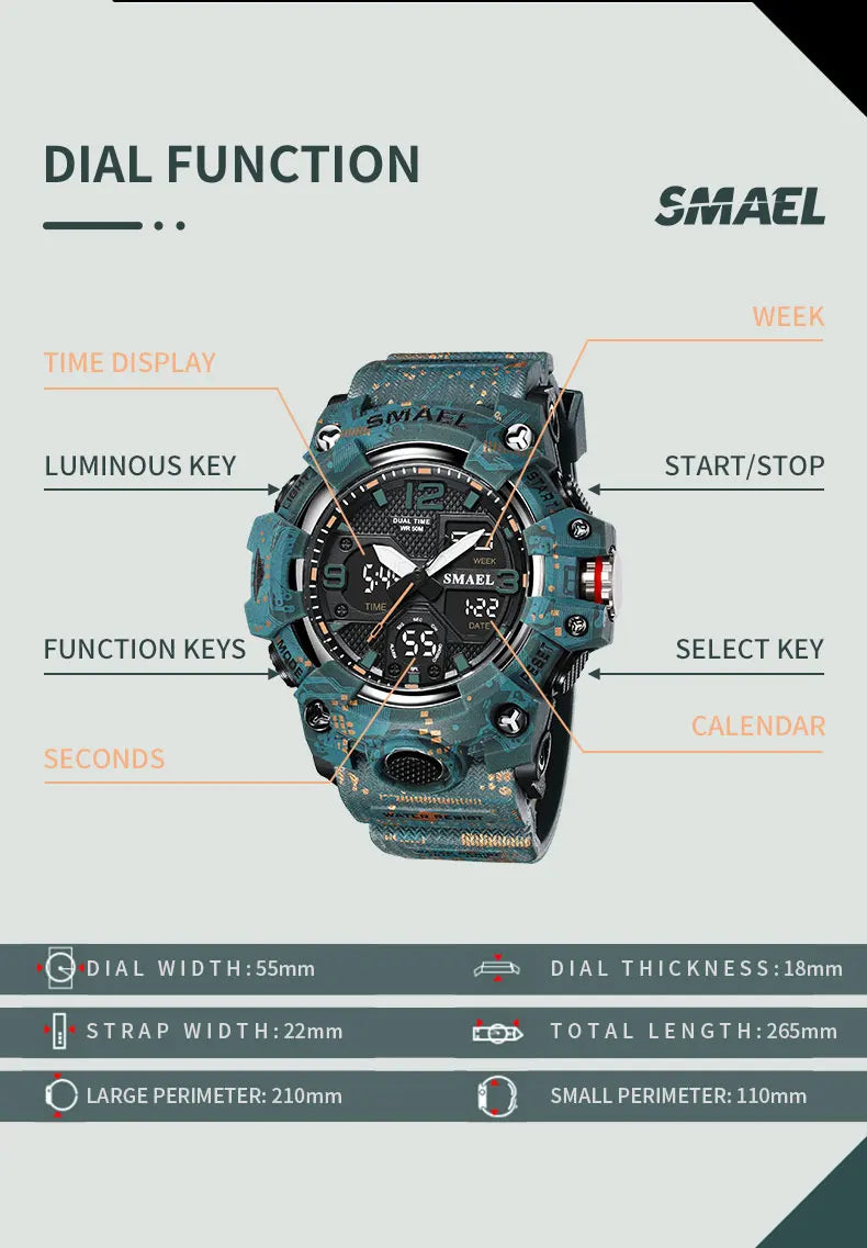 SMAEL Military Watch for men 50M Waterproof Clock Male S Shock 8008 electronics Digital Watches LED Men's Watches Military Army
