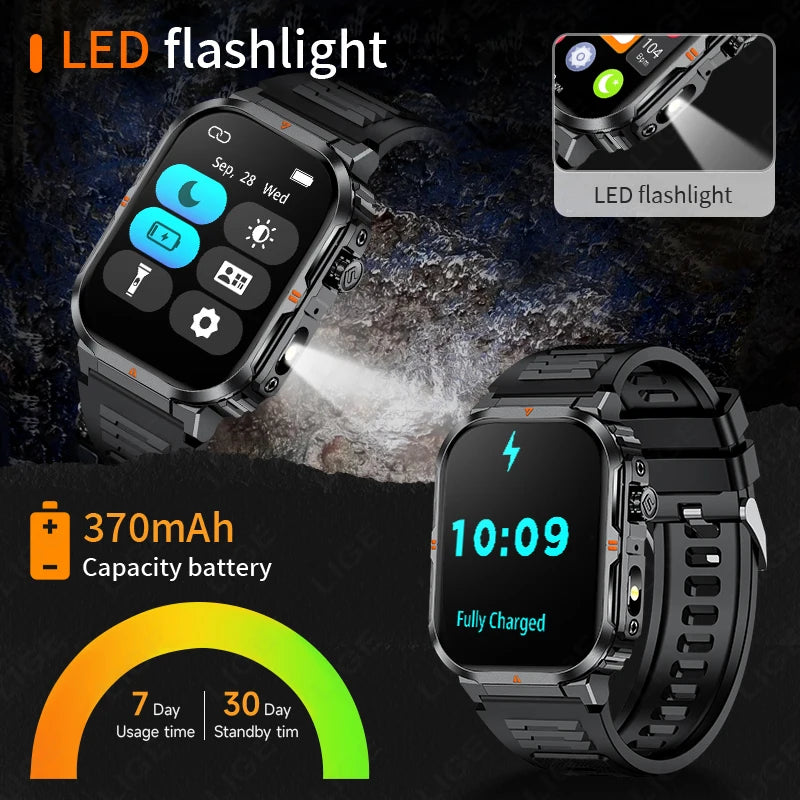 2025 New Professional Sports Smart Watch Men 2.01'' Large Screen Bluetooth Call Watches Flashlight Waterproof Outdoor Smartwatch