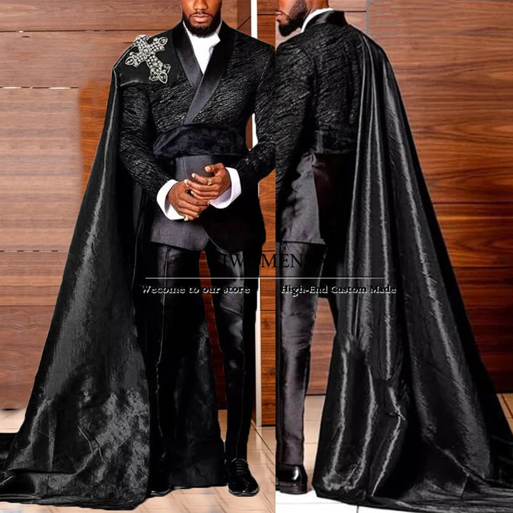 Elegance Suits Men Floral Prom Blazer With Cape Long Customized 2-Piece Set Man Formal Occasion Party Dress Groom Wedding Tuxedo