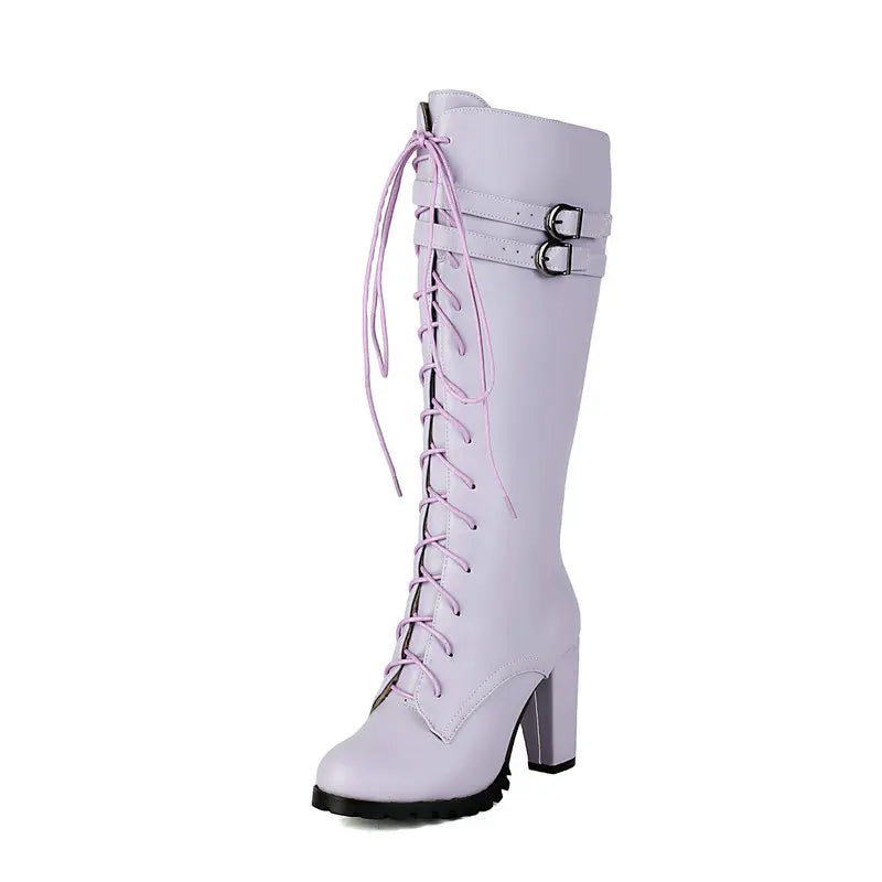2025 Knight Boots Autumn Winter Women Shoes Tall Boots Round Toe Platform Coarse Heel Knee Length Boots Lace Up Lady Long Boots