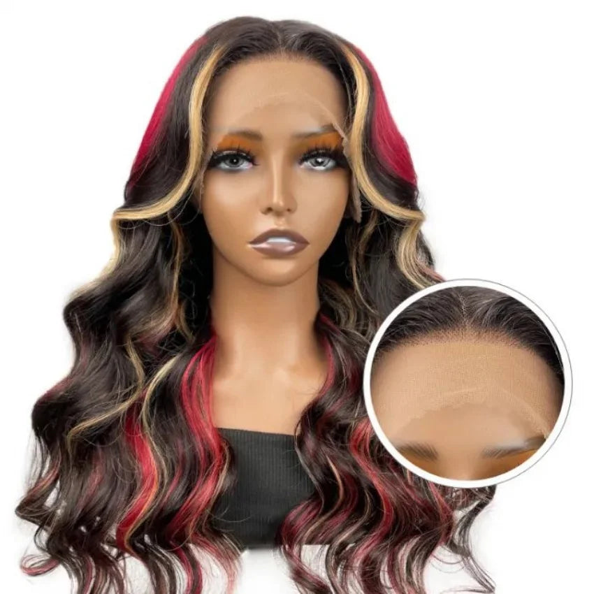 13X6 Lace Front Wig Highlight Black with Red Blonde Wig Synthetic 13x4 Lace Front Wigs Pre Plucked With Hairline Women's Wig