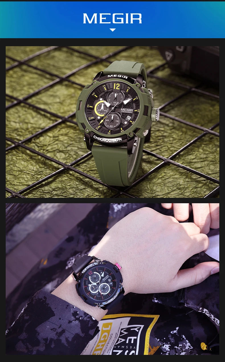 Megir Men's Chronograph Analog Quartz Watch for Men with Date Luminous Hands Orange Silicone Strap Waterproof Wristswatch Male