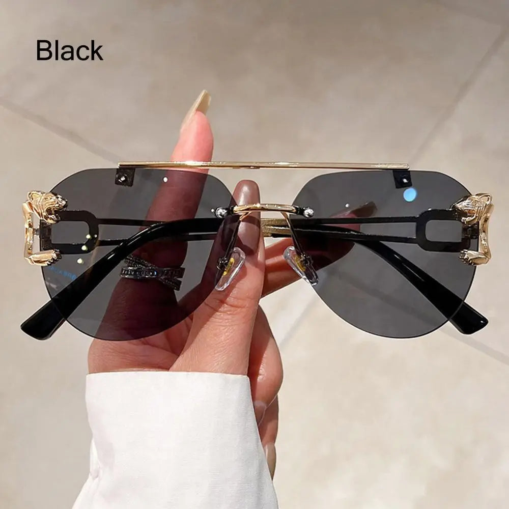 New Rimless Cheetah Decor Sunglasses Gradient UV400 Double Bridge Sun Glasses Shades for Women & Men