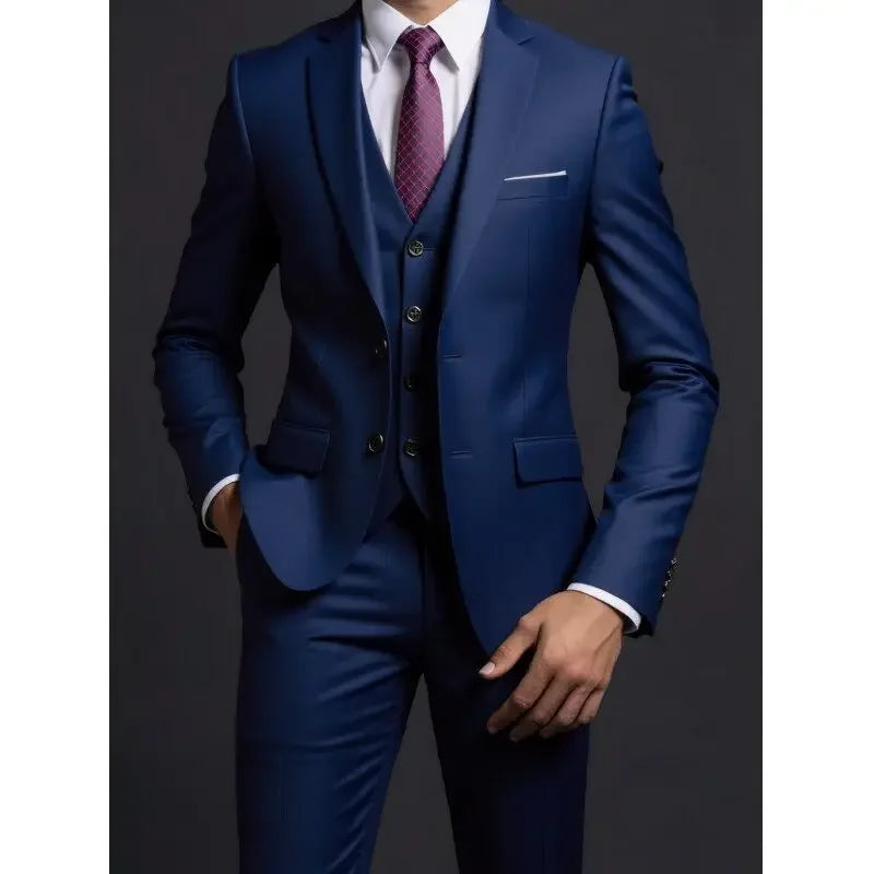 Suit (Blazer+ Vest + Trousers) Men's Fashionable Gentleman Business British Style Solid-color Banquet Host Casual Wedding Suit