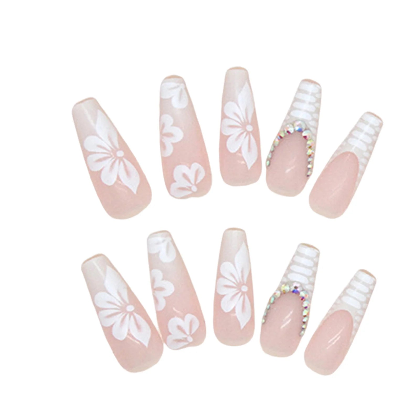 Rhinestone Embellished White Fake Nails Long Square UV Gel Cool Color Nails for Dance Parties Weekend Trips Parties