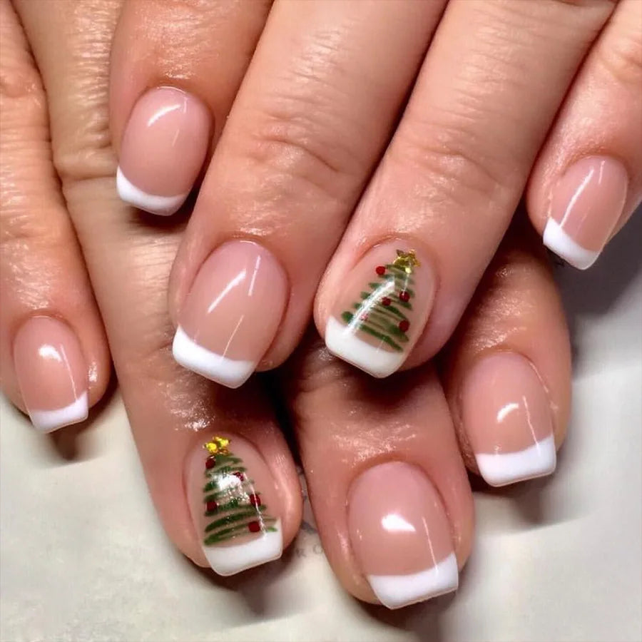 24Pcs/set Bows Press on Nails Short Square Fake Nail White French Tip False Nails with Pink Bow Charms Stick on Nails for Women