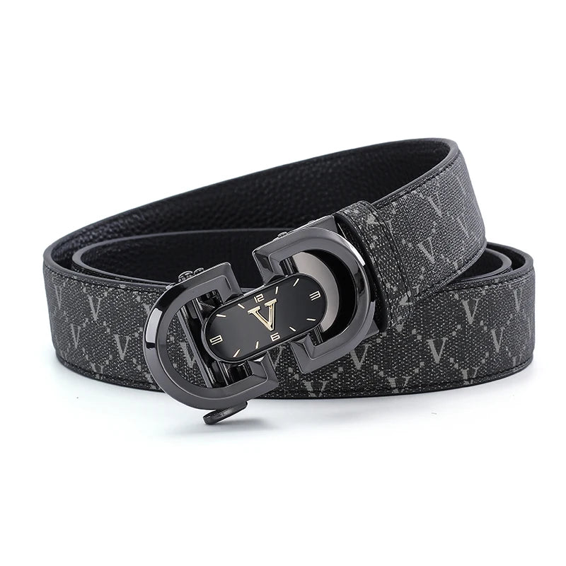 Clock pattern automatic buckle men's belt, fashion letter buckle belt, business casual leather belt, leather suit belt