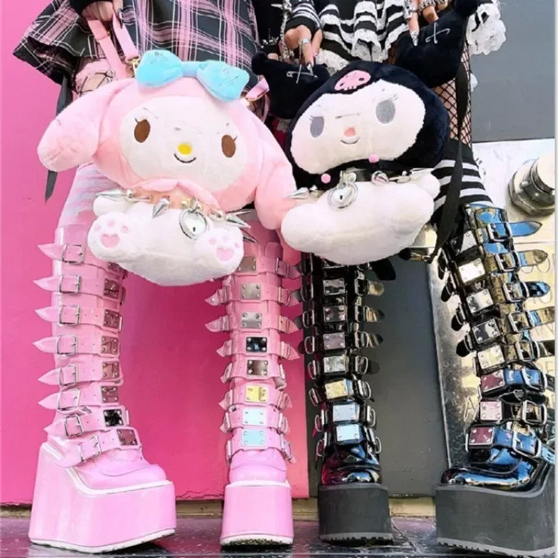 Women Boots Cosplay Ladies High Heel Platform Wedges Women High Boots  Buckle Strap Long Tube Leather Female Boots