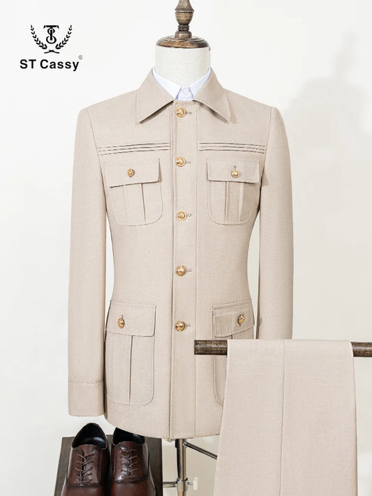 ST Cassy slim fitting Men's Suit thin version Classic Fit Single Breasted Multiple pockets Solid Color Casual Business