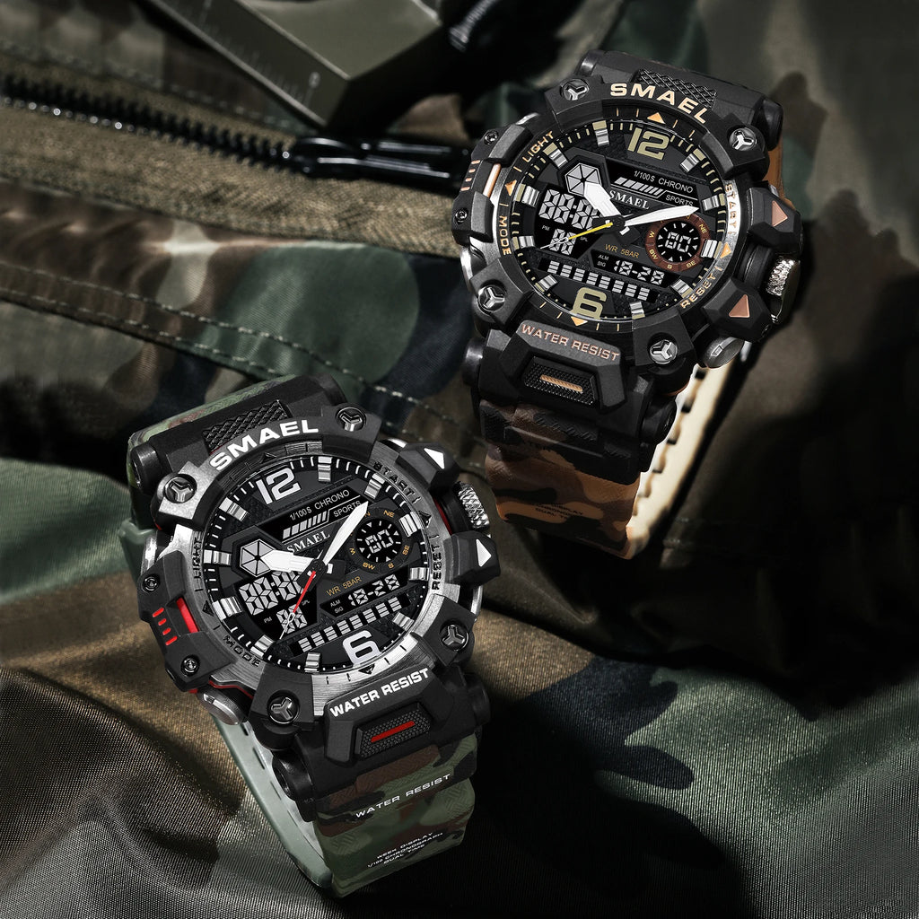 SMAEL New Watches 50m Waterproof Sports Watch Digital 8072 Army Watch Digital Quartz Dual Time Wristwatches LED for Men