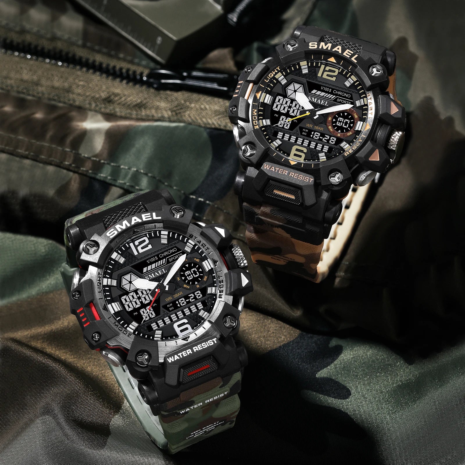 SMAEL New Watches 50m Waterproof Sports Watch Digital 8072 Army Watch Digital Quartz Dual Time Wristwatches LED for Men
