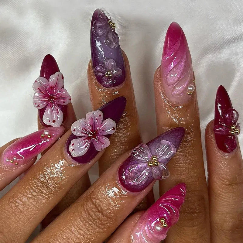 24pcs 3D Pink Flower False Nails Sweet French Almond Fake Nail Patch Full Cover Wearable Hand-painted Butterfly Press on Nails