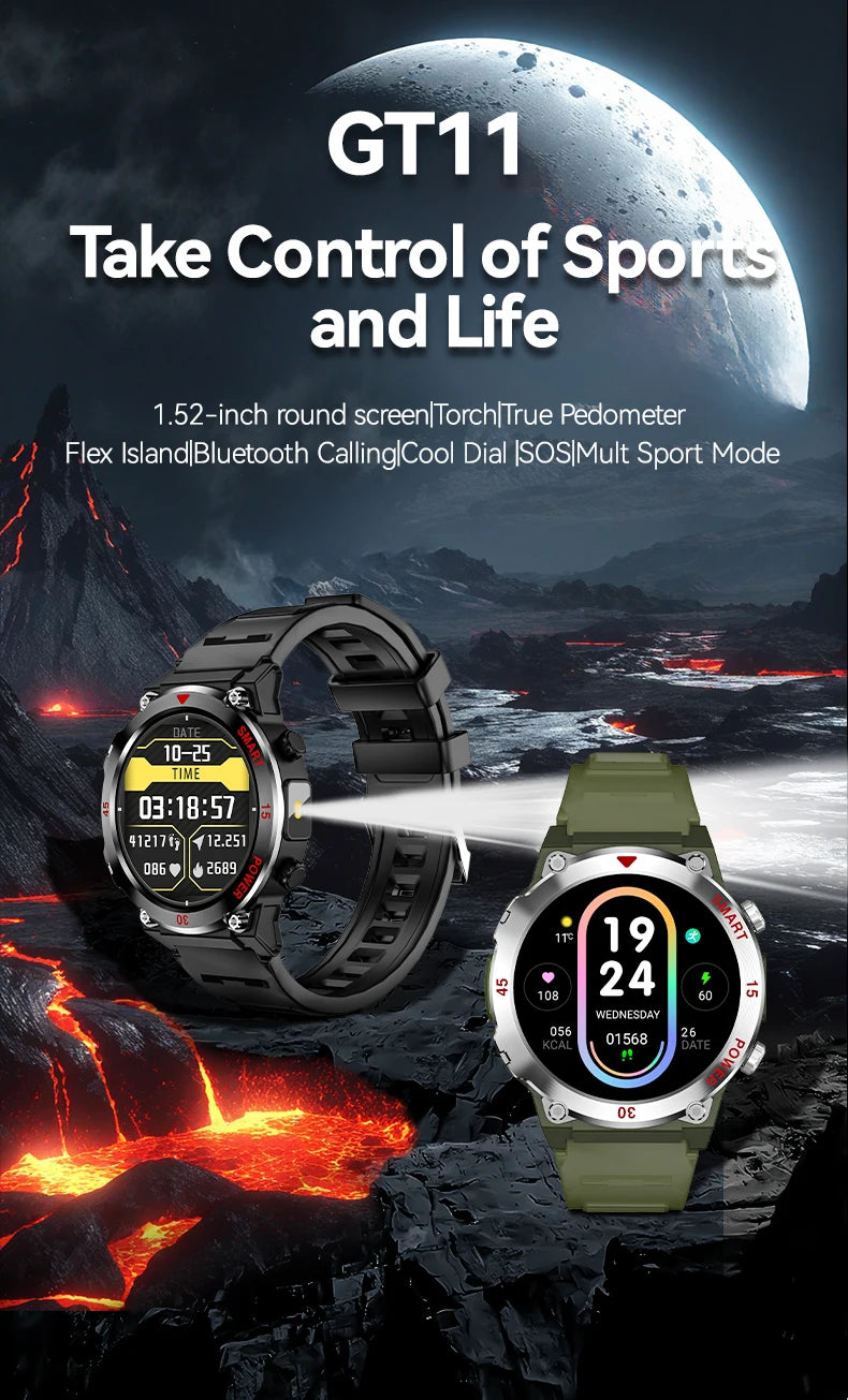 LAXASFIT 2025 New Rugged Military Smart Watch Men's Heart Rate Flashlight Outdoor Sports Tracker Bluetooth Talk Smart Watch