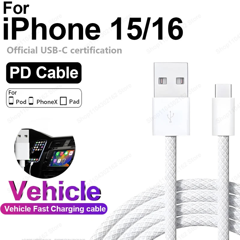 Original For APPLE iPhone 15 16 Pro MAX Plus Carplay Cable USB C Mobile Phone Fast Charging Nylon Braided Cables For Car Play