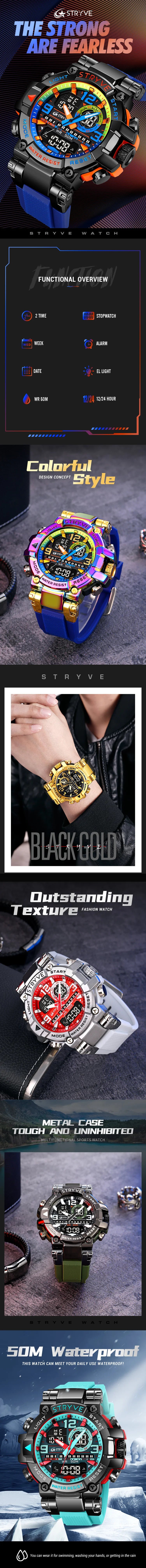 New STRYVE Brand Sports Relojs Hot Men's Digital-Analog Dual Movement Luminous Calendar 5ATM Waterproof Watches 8025 and 8026