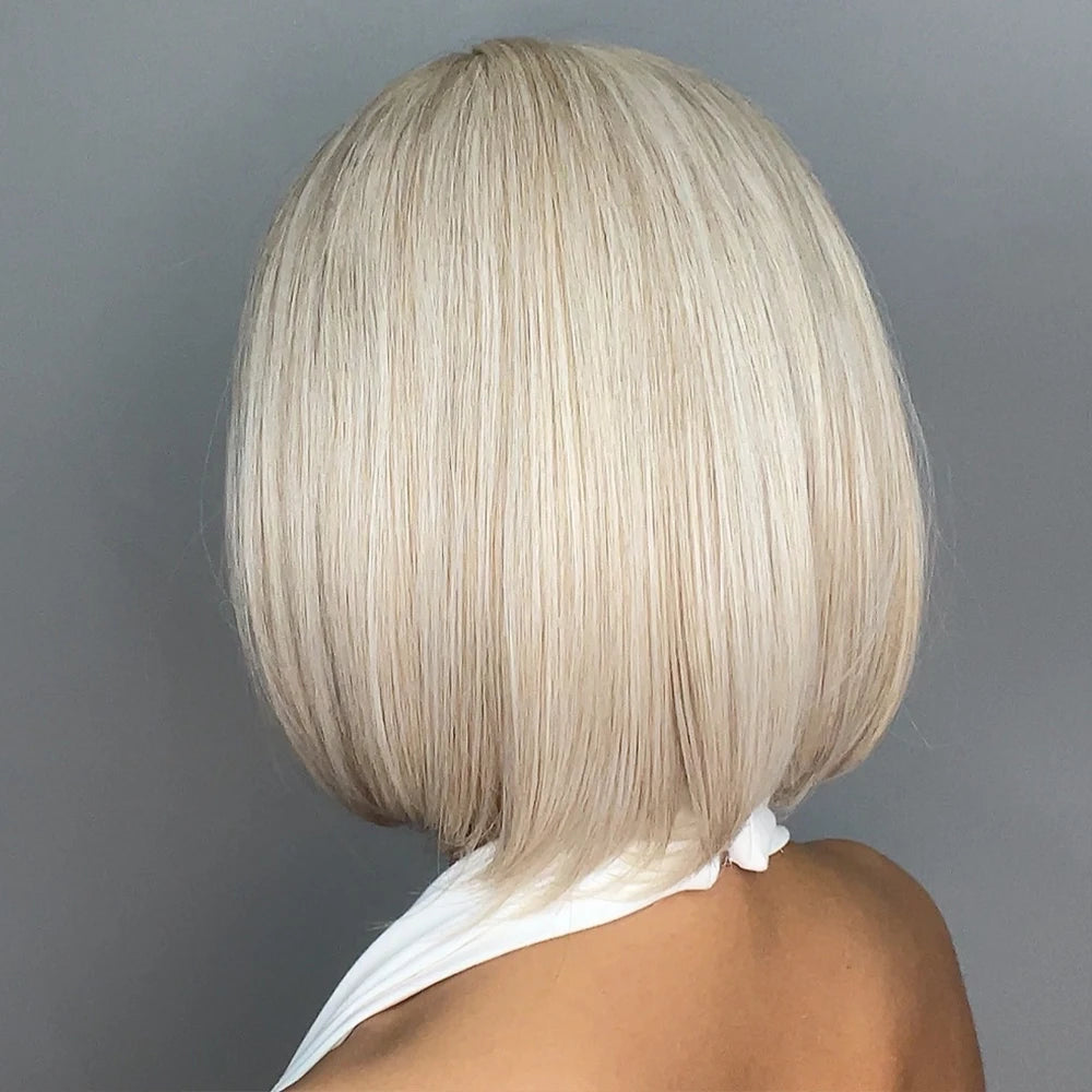 White Blonde Gray Synthetic Wigs with Bangs Short Straight Bob Hair Wig for Women Cosplay Daily Natural Hair Heat Resistant