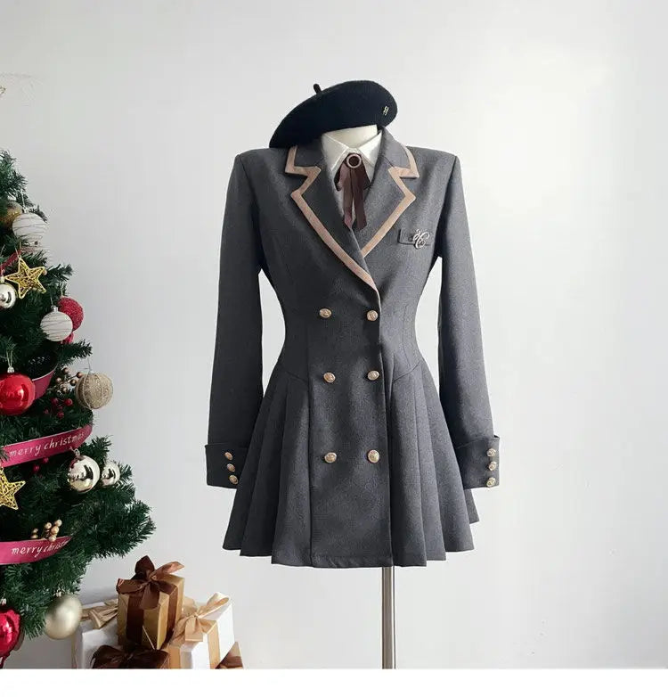 Korean Fashion Woolen Suit Dresses for Women Winter New College Style Sweet Waist up Slim High-end A-line Pleated Mini Dress