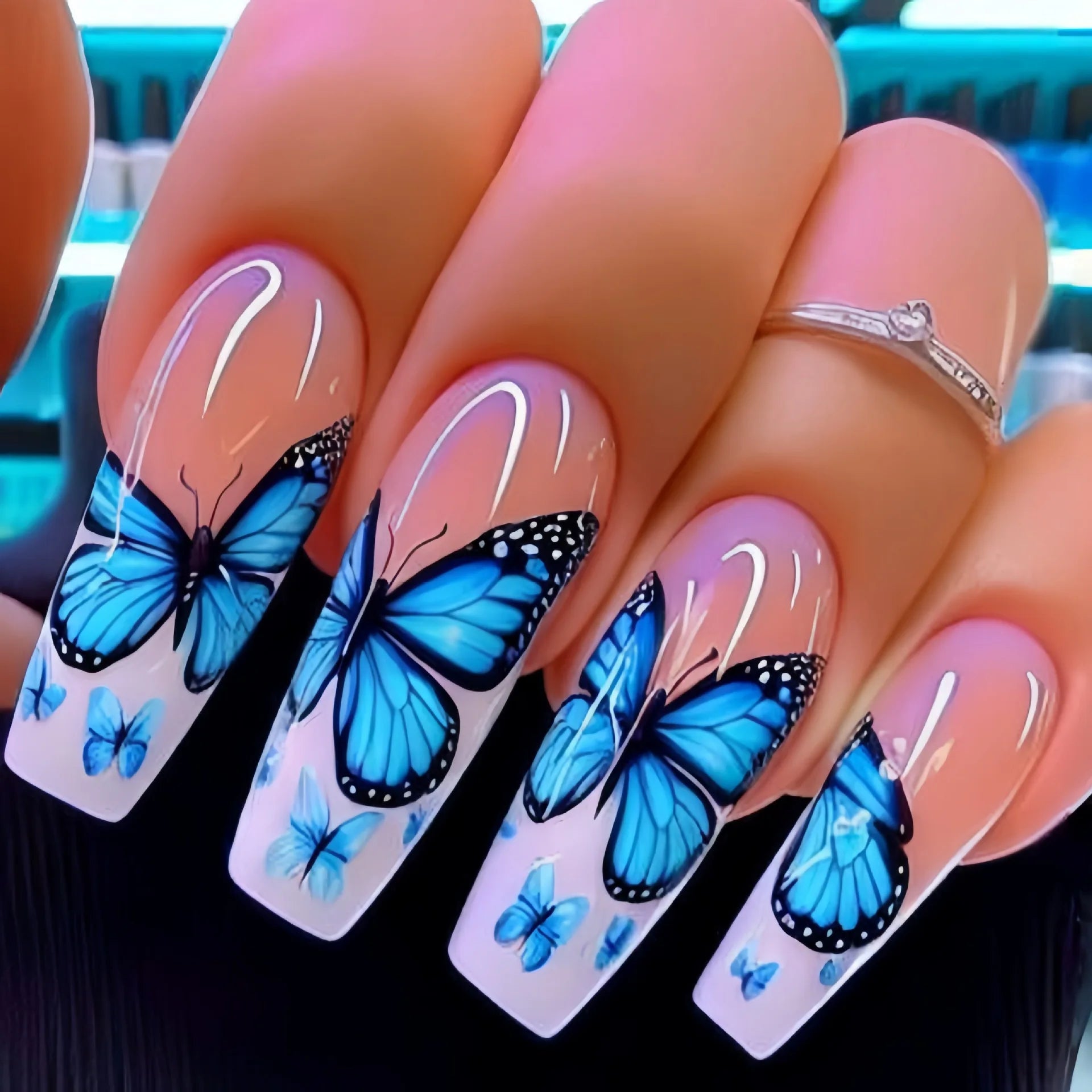 24pcs Blue Gradient Press on Nails Finished Golden Flower Coffin False Nail Tips Long Ballet Fake Nail with Pearl Design Nails