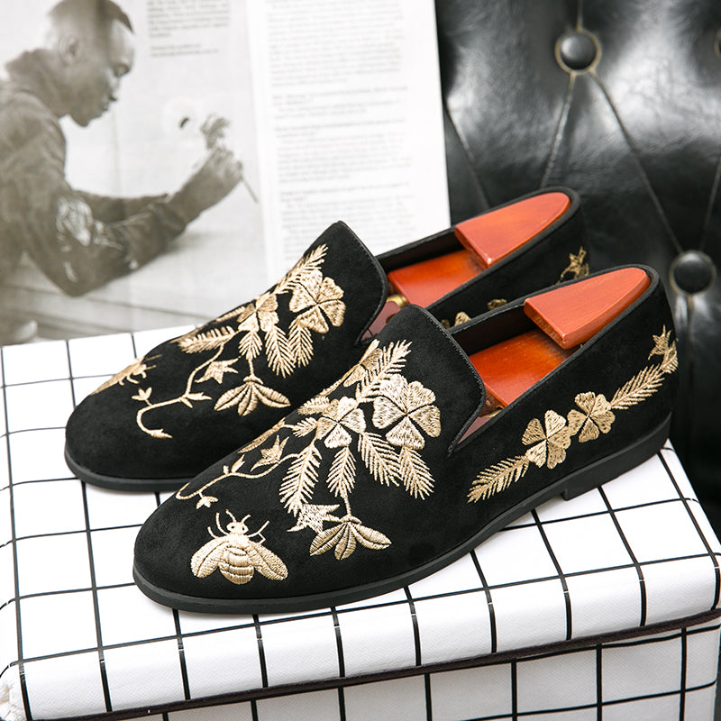 New Loafers for Men Flock Embroider Black Casual Shoes Slip-On Breathable Handmade Free Shipping Mens Dress Shoes Size 38-48