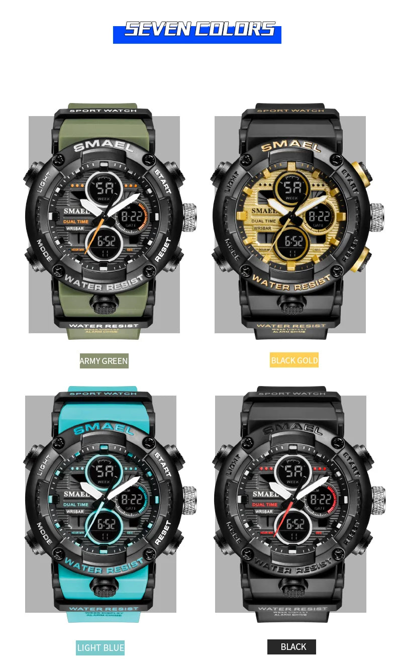 SMAEL Watch Men Waterproof LED Digital Watches Stopwatch Big Dial Clock For Male 8038 Sport Men Watches Quartz