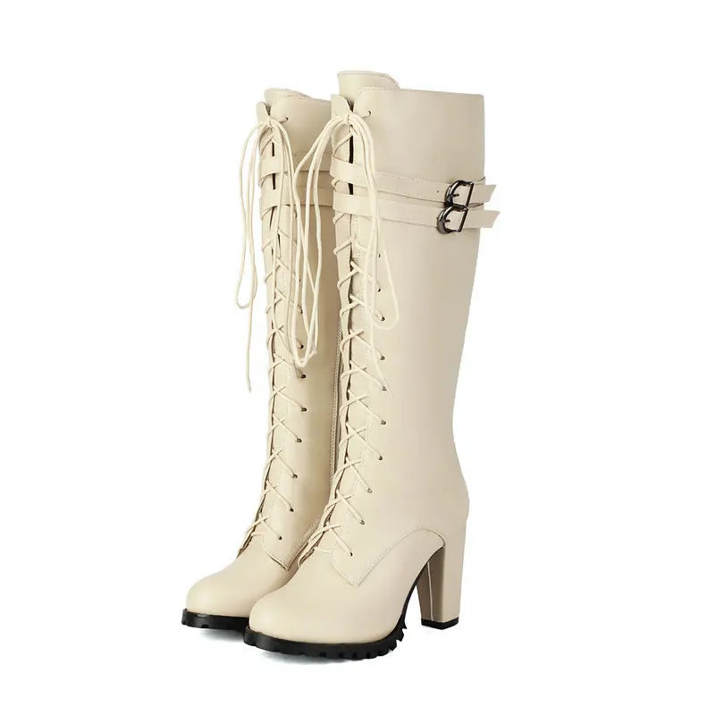 2025 Knight Boots Autumn Winter Women Shoes Tall Boots Round Toe Platform Coarse Heel Knee Length Boots Lace Up Lady Long Boots