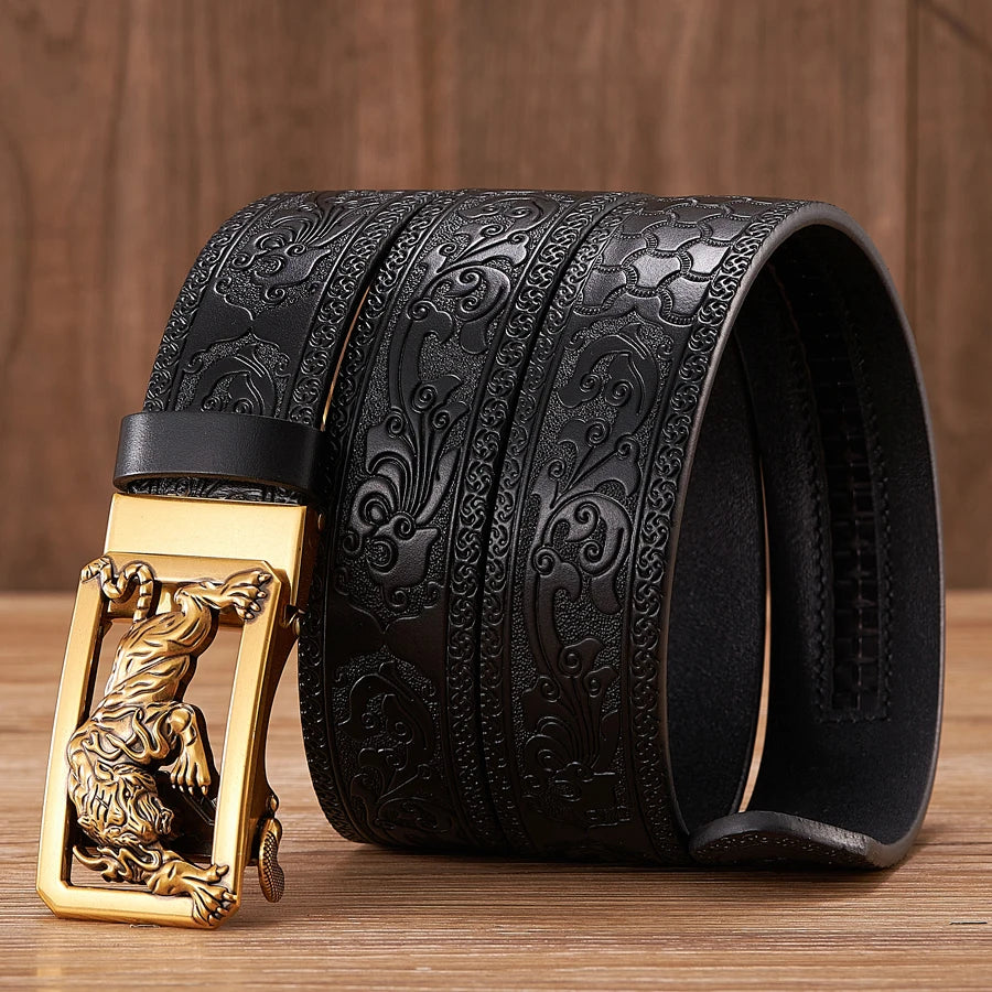 Fashion Tiger Buckle with Tang Grass Pattern Leather Belt for Men Work of Art Belt Automatic Buckle Business Belt