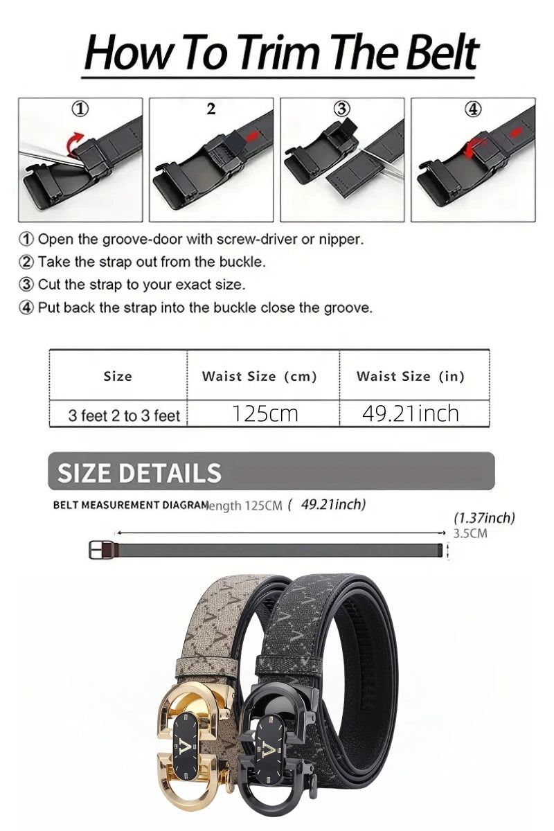 Clock pattern automatic buckle men's belt, fashion letter buckle belt, business casual leather belt, leather suit belt