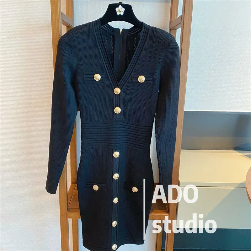 Elegant Long Sleeve Tweed Style Knit Dress Women's Autumn 2023 New V-neck Waist-fitted Slimming Dress Black