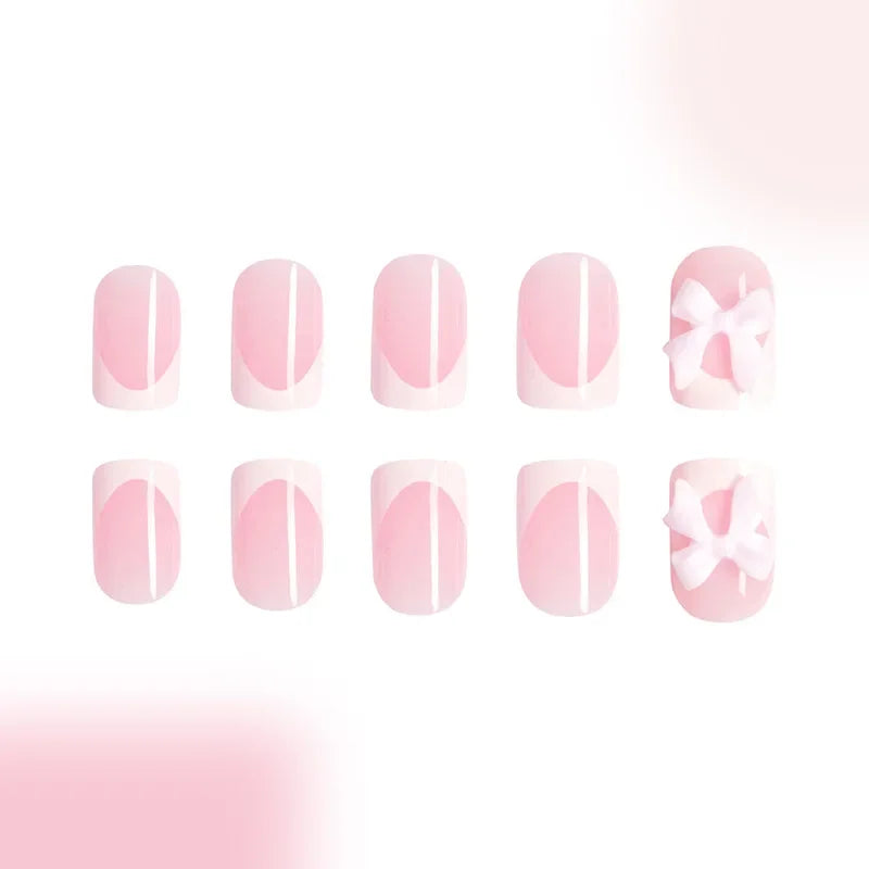 24Pcs/set Bows Press on Nails Short Square Fake Nail White French Tip False Nails with Pink Bow Charms Stick on Nails for Women
