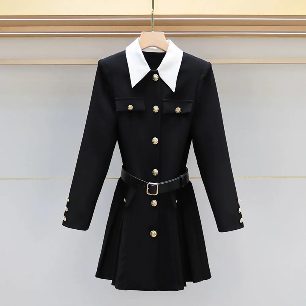 TWOTWINSTYLE Hit Color Spliced Button Slimming Dresses for Women Lapel Long Sleeve Temperament Mini Dress Female Clothes