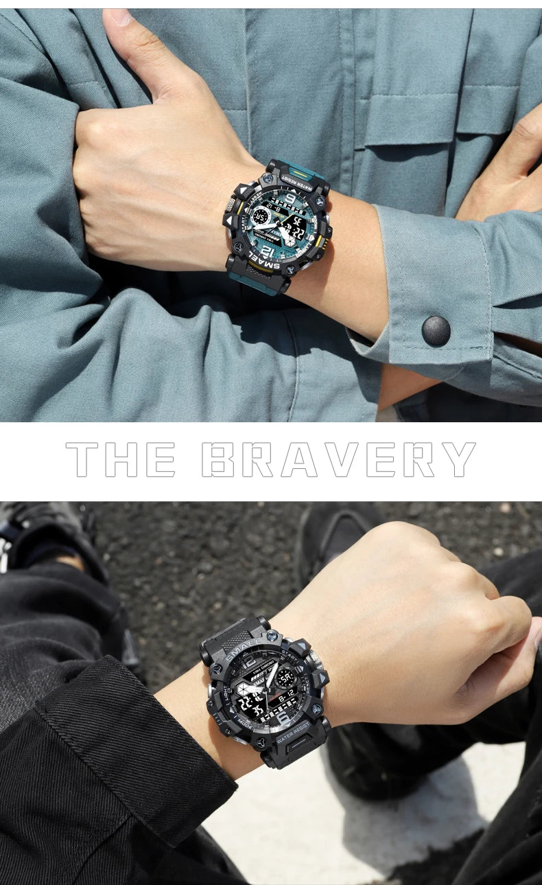 SMAEL Men Watches  50m Waterproof Sports Watch Military Man Sports Watch Digital 8072 Dual Display Watch  Quartz  Led Digital