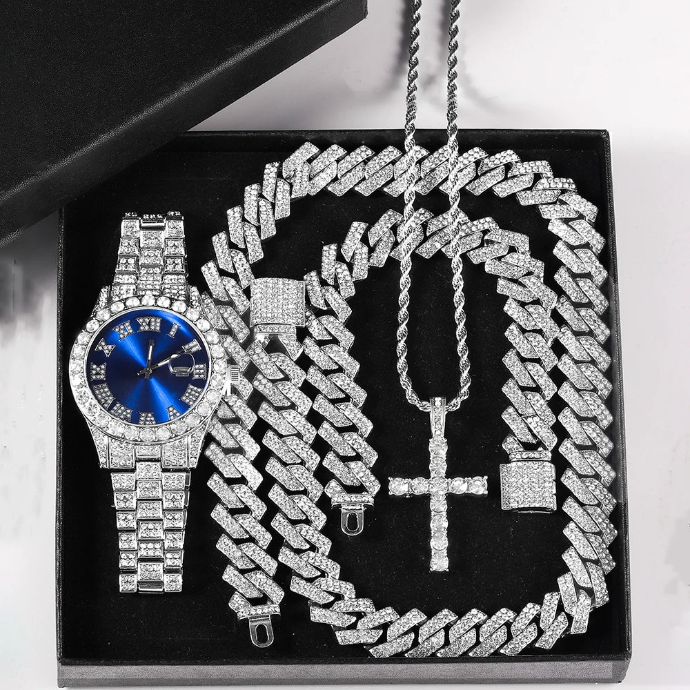 Iced Out Luxury Popular set Watch+Bracelet+Necklace With Gift Box Cuban Chain Cross Pendent Jewelry HipHop Style For Men Women