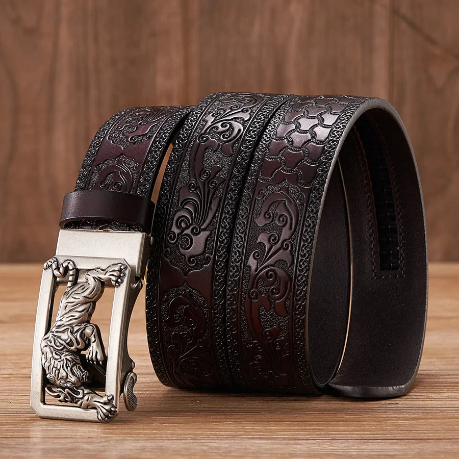 Fashion Tiger Buckle with Tang Grass Pattern Leather Belt for Men Work of Art Belt Automatic Buckle Business Belt