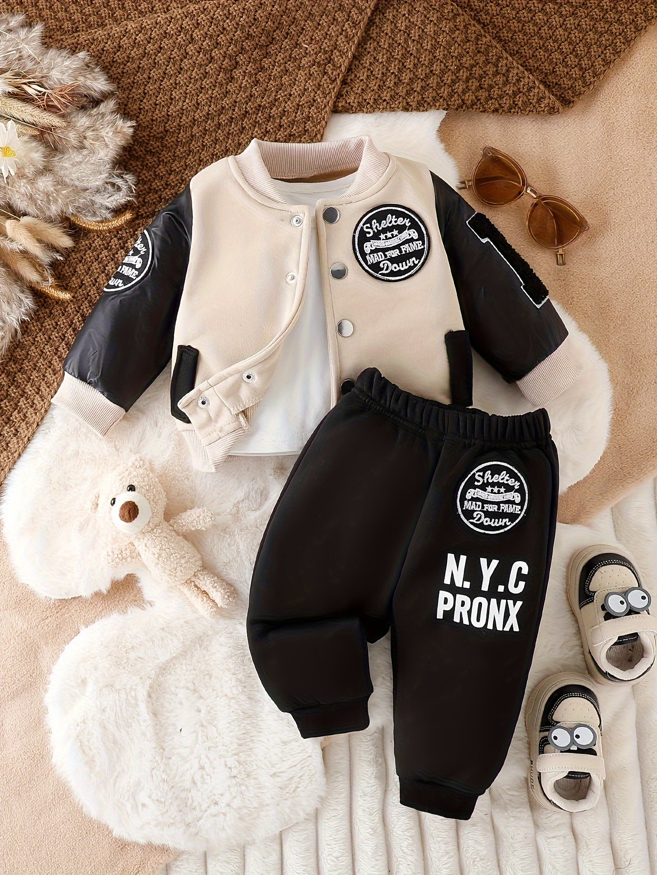 Boys' 2pcs Fall/Winter Outfit Set, Cotton & Polyester Blend, Long Sleeve Knit Sweater with Alphabet Applique, Regular Fit Pants, Casual Alphabet Pattern, Machine Washable, Outdoor Clothing, for Outdoor