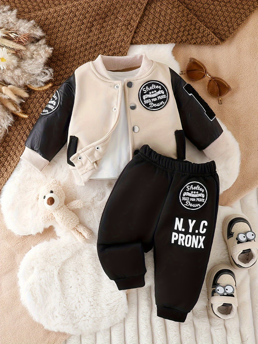 Boys' 2pcs Fall/Winter Outfit Set, Cotton & Polyester Blend, Long Sleeve Knit Sweater with Alphabet Applique, Regular Fit Pants, Casual Alphabet Pattern, Machine Washable, Outdoor Clothing, for Outdoor