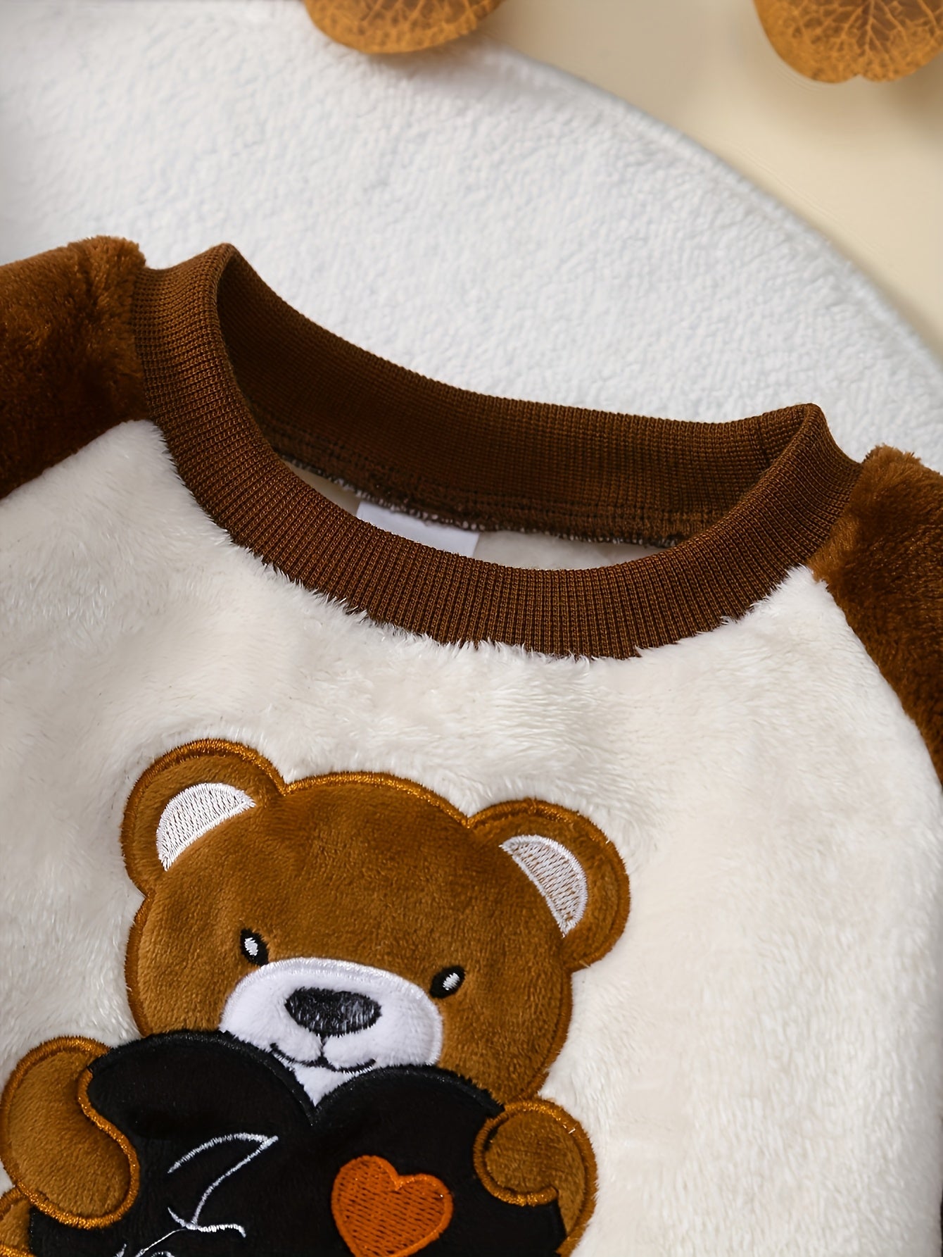 3pcs Baby Boy Winter Outfit Set, Cute Cartoon Bear Embroidery, Warm Reversible Fleece Long Sleeve Sweatshirt, Soft Plush Hooded Zip Vest, Stretchy Warm Pants, Polyester 100%, Crew Neck, Color Block, Knit Fabric, Regular Fit -