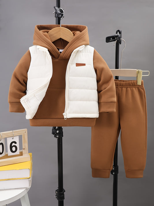 Boys' 3pcs Fall/Winter Outfit Set - Casual Zip Vest, Hoodie & Pants in Solid Color Gray - for Ages 0-3, Perfect for Outdoor