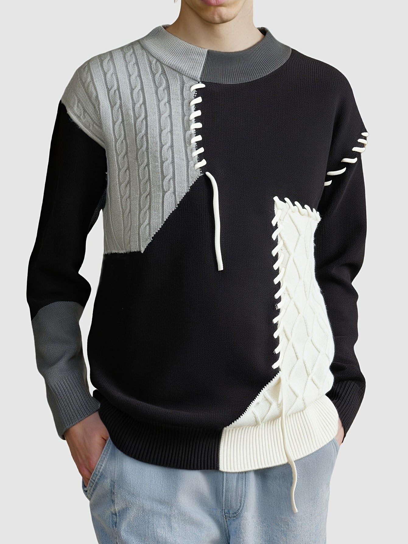 Men's & Teen ' Color Block Sweater - Winter Warm Long Sleeve Round Neck Casual Blazer Suit Jacket, Machine Washable Color-Block Sweaters for, Office & Daily Wear (Autumn/Spring) - Regular Fit