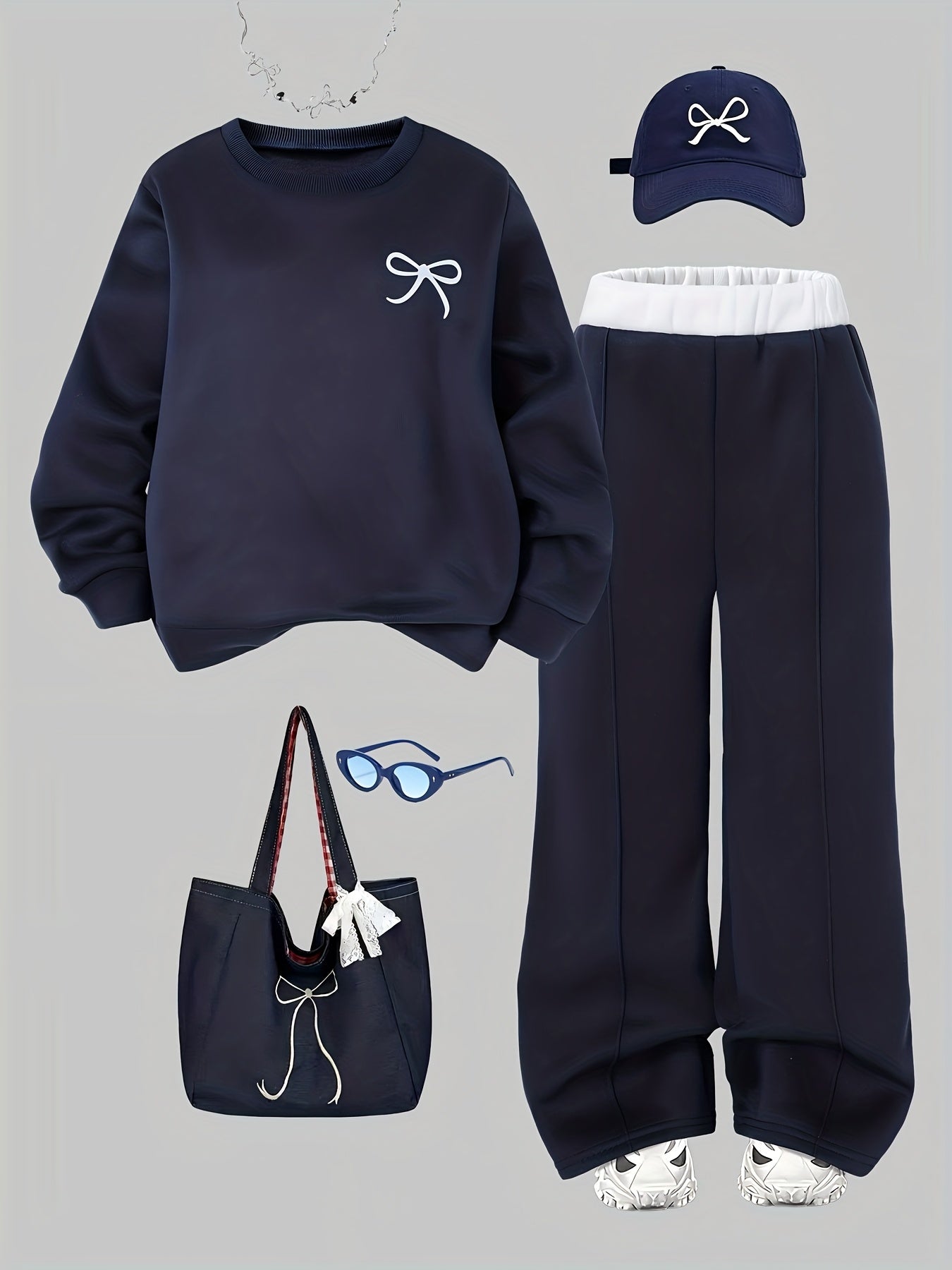 Girls' 2pcs Winter Outfit Set - Oversized -Lined Bow Print Sweatshirt & Navy Blue Wide-Leg Pants, Cozy 2pcs Sweatsuit for, Playdates, Casual Wear - Warm Loose-Fit Matching Clothes (Ideal Gift for), Perfect for Outdoor