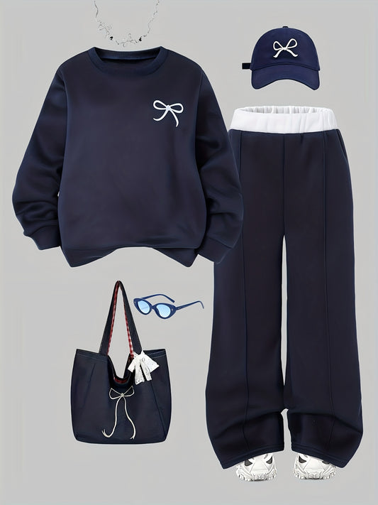 Girls' 2pcs Winter Outfit Set - Oversized -Lined Bow Print Sweatshirt & Navy Blue Wide-Leg Pants, Cozy 2pcs Sweatsuit for, Playdates, Casual Wear - Warm Loose-Fit Matching Clothes (Ideal Gift for), Perfect for Outdoor